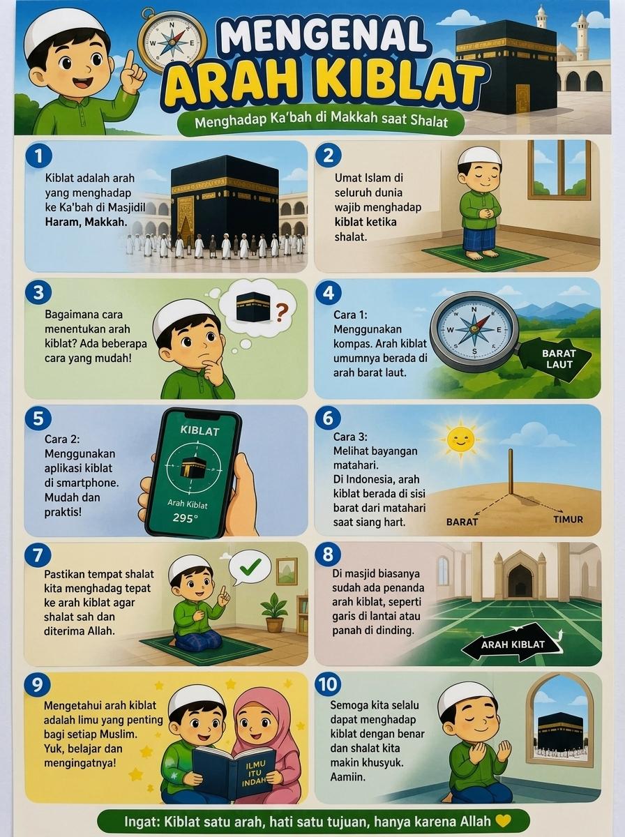 Poster Mengenal Arah Kiblat Belajar Sholat Anak Muslim Termurah - Media Belajar Anak Islami High Quality Bisa COD