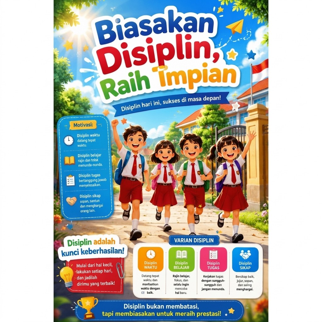 [PROMO] Poster Pendidikan Karakter Anak - Biasakan Disiplin Raih Impian - Hiasan Dinding Sekolah - Ukuran A3+ Kualitas Premium