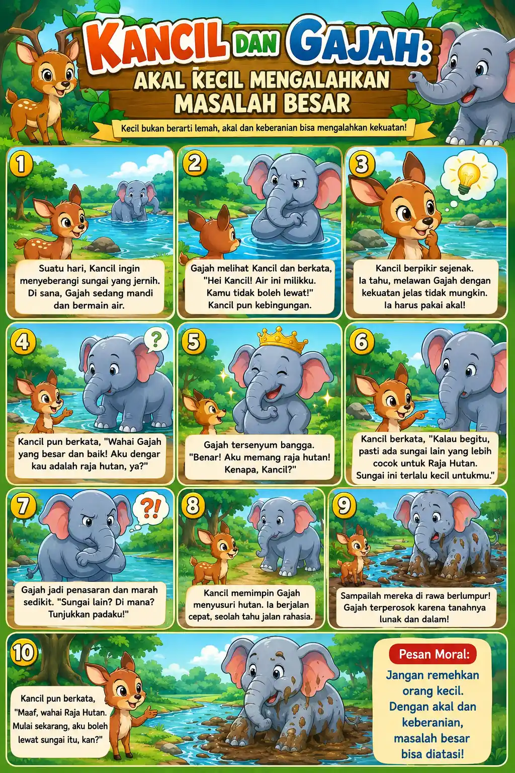 Poster Edukasi Anak Dongeng Kancil dan Gajah Hiasan Dinding Kamar PAUD TK - Wall Decor Aesthetic Murah Berkualitas