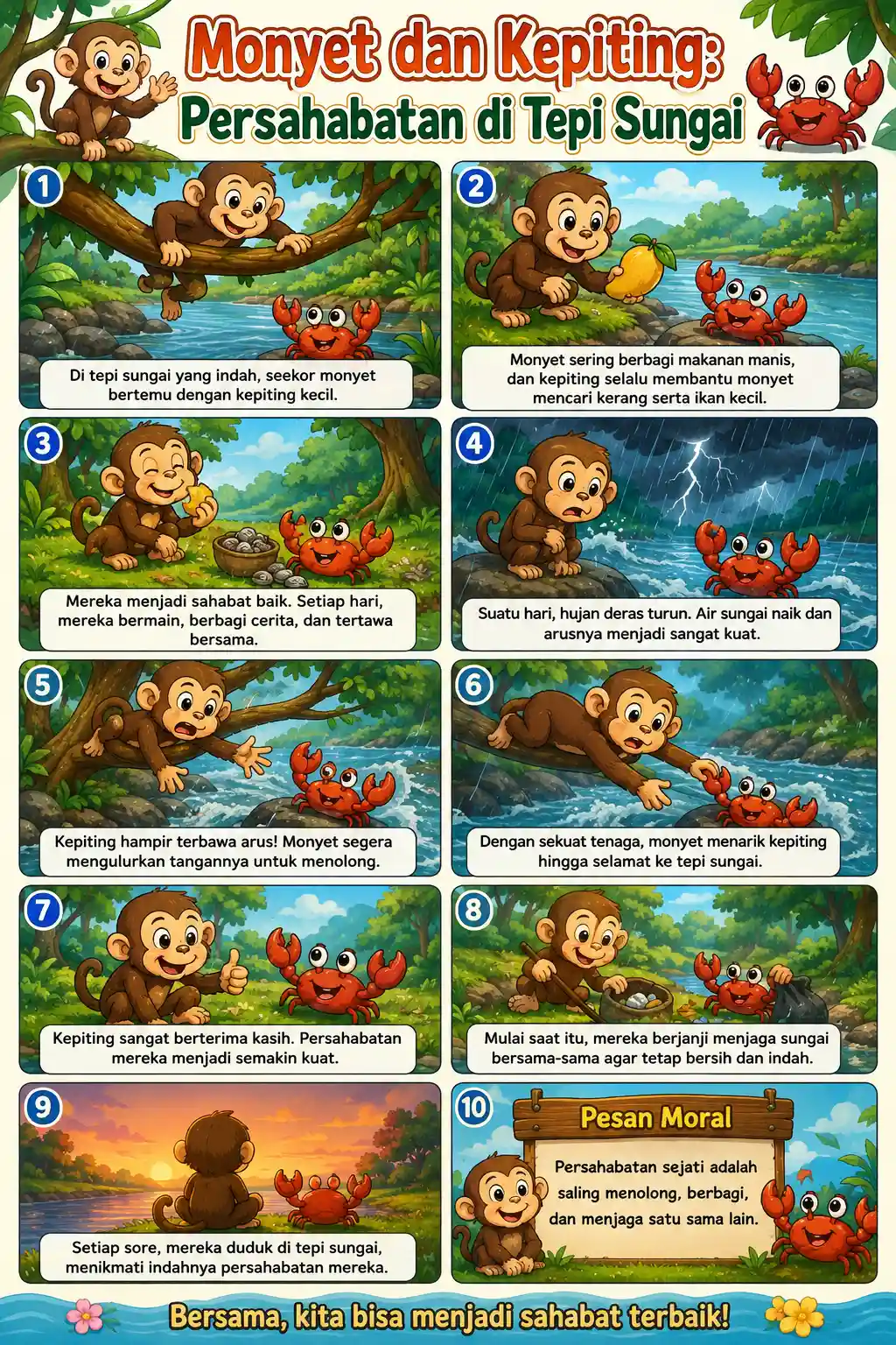 Poster Edukasi Anak Gambar Monyet dan Kepiting - Hiasan Kamar PAUD TK Lucu - Wall Decor Kualitas Premium
