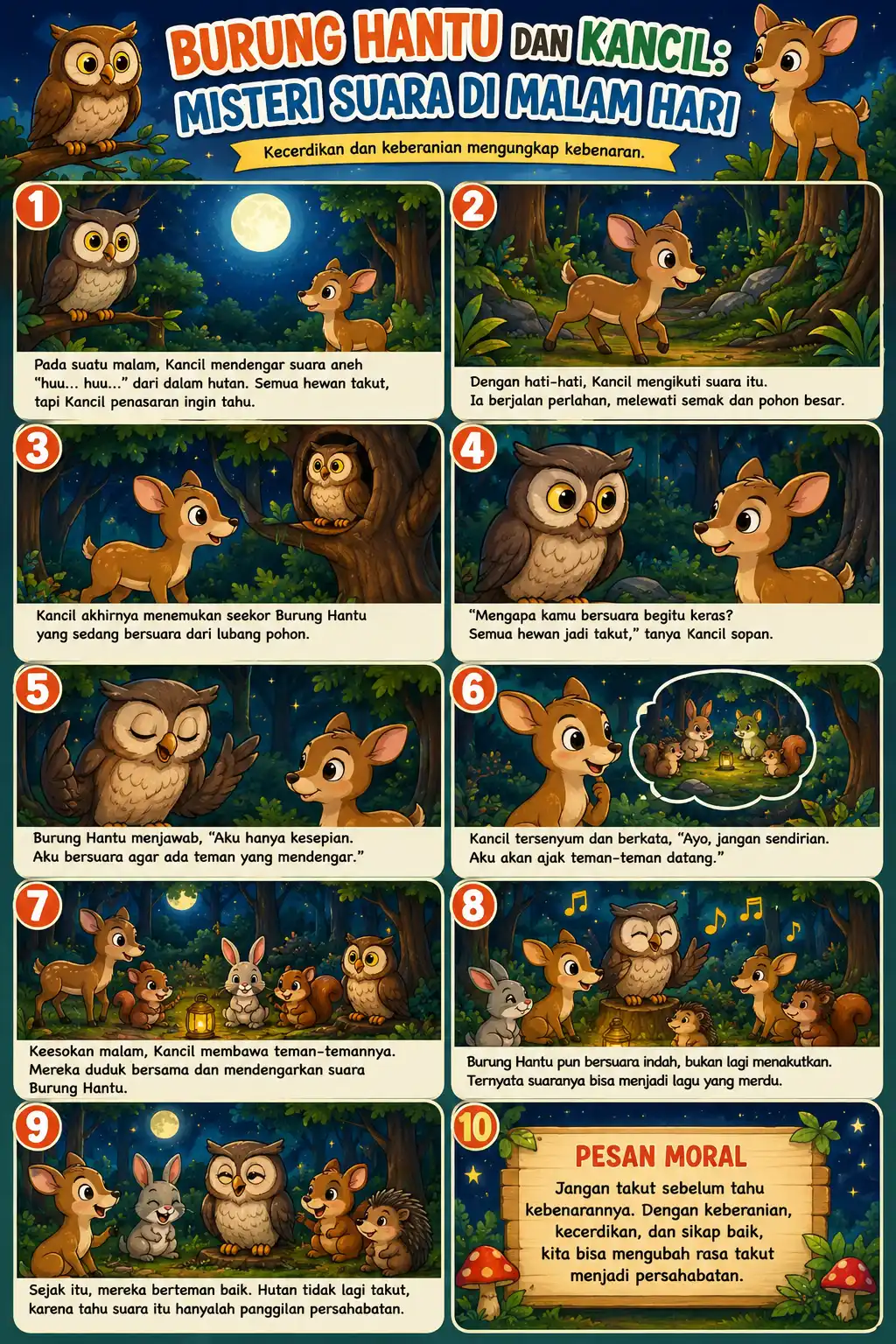 Poster Edukasi Anak Burung Hantu & Kancil Hiasan Dinding Kamar Aesthetic A3 Murah