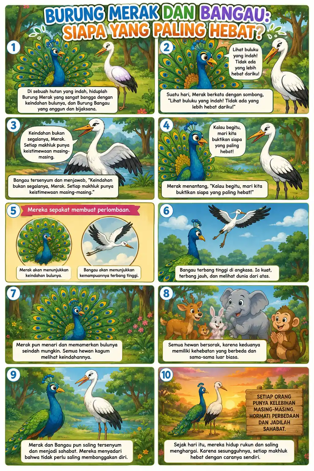 Poster Edukasi Anak Burung Merak & Bangau Siapa yang Paling Hebat Belajar Mengenal Hewan