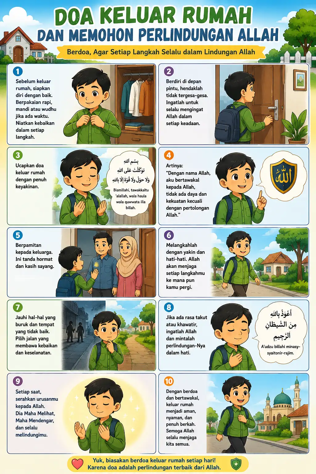 Poster Doa Harian Islami Keluar Rumah Edukasi Anak Muslim - Pajangan Dinding Doa Perlindungan Allah Terbaru