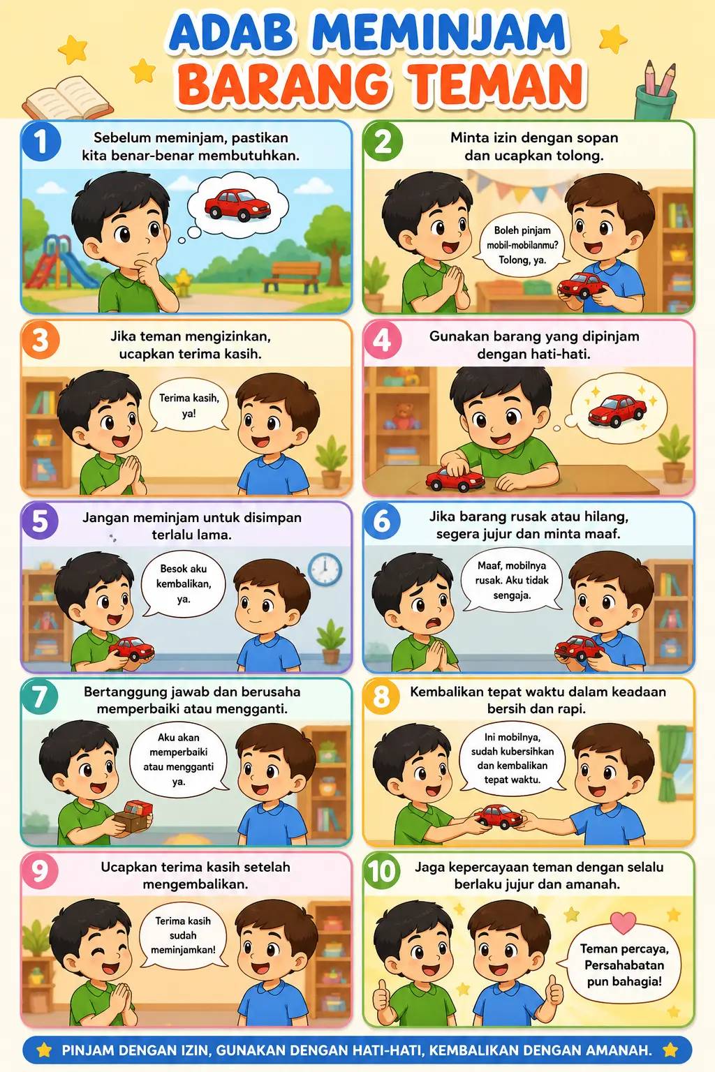 Hiasan Dinding Poster Adab Meminjam Barang Teman Alat Peraga Edukasi Sekolah TK SD Aesthetic