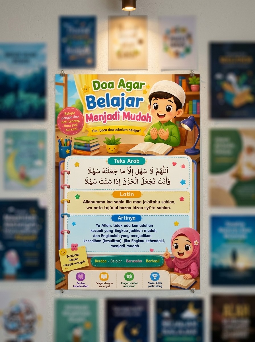 Poster Belajar Anak Islami Doa Agar Belajar Menjadi Mudah Hiasan Dinding Edukasi TK SD PAUD