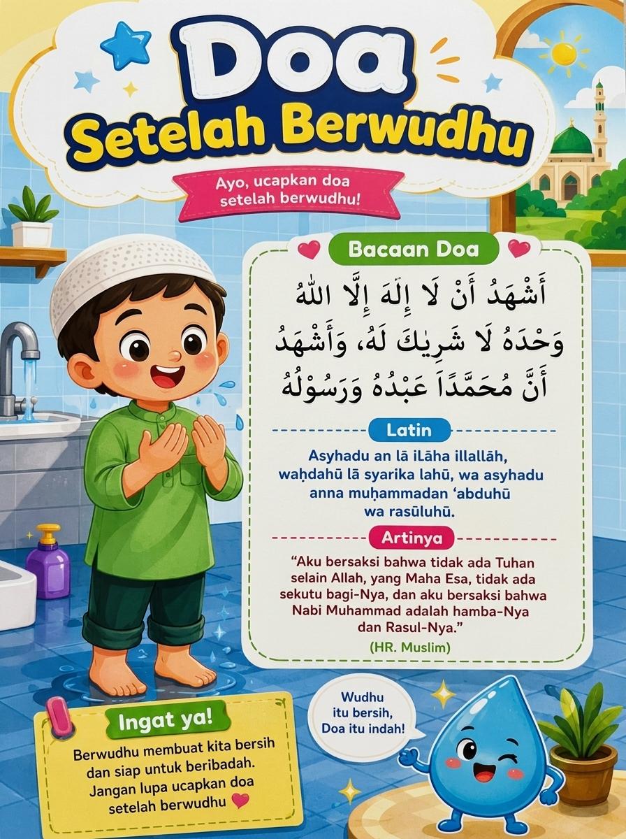 Poster Edukasi Anak Muslim Doa Setelah Berwudhu - Pajangan Dinding Belajar Ibadah - Premium A3+