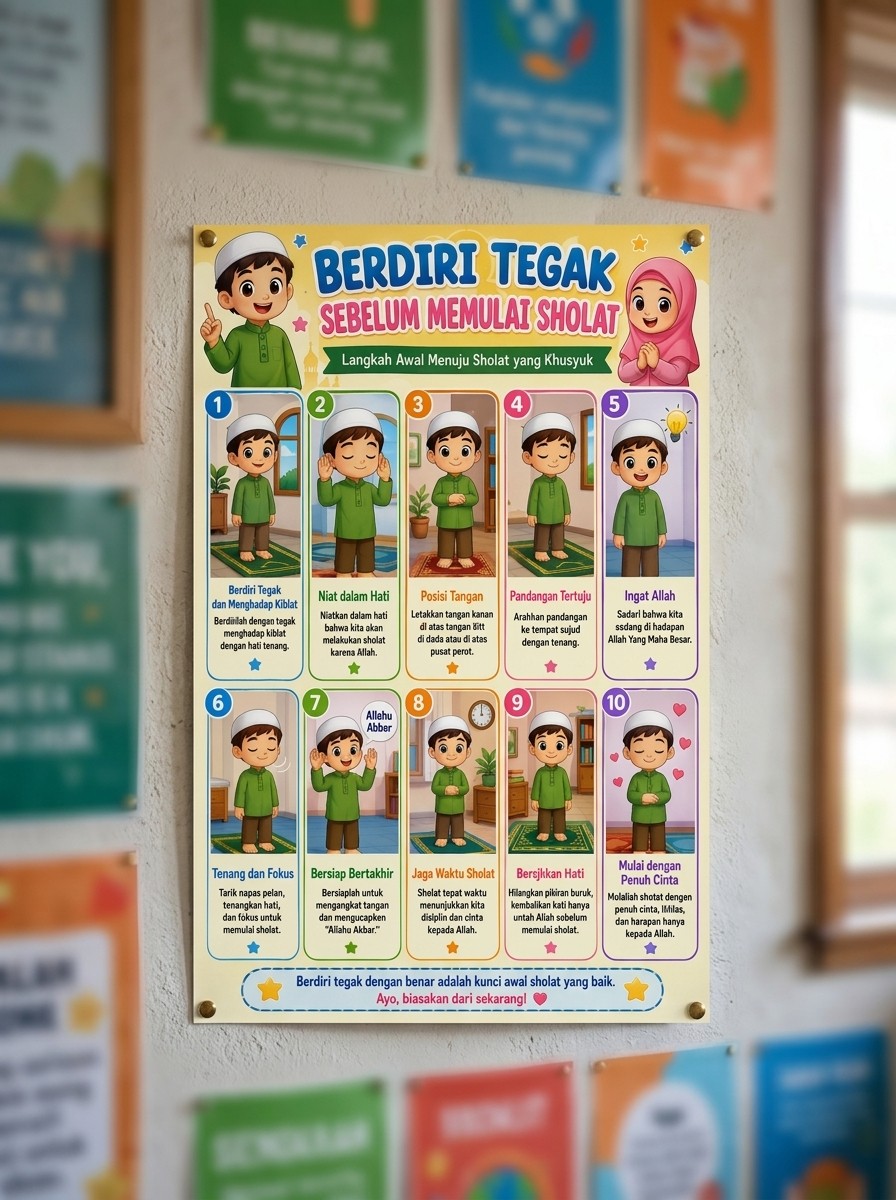 Poster Sholat Berdiri Tegak Sebelum Memulai Sholat Edukasi Anak Muslim Hiasan Mushola Rumah Terbaru
