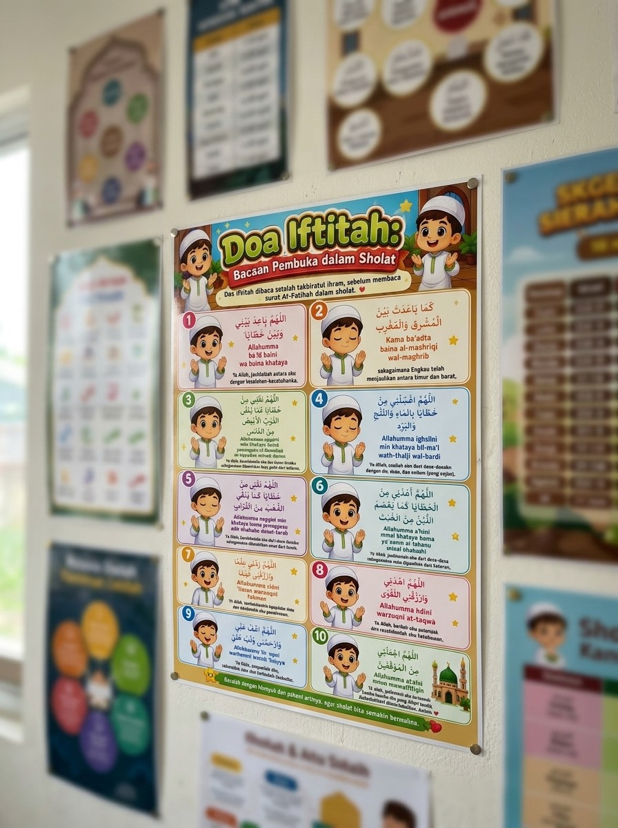 Termurah! Poster Bacaan Doa Iftitah Sholat Lengkap & Jelas - Media Belajar Ibadah Anak - Kertas Tebal