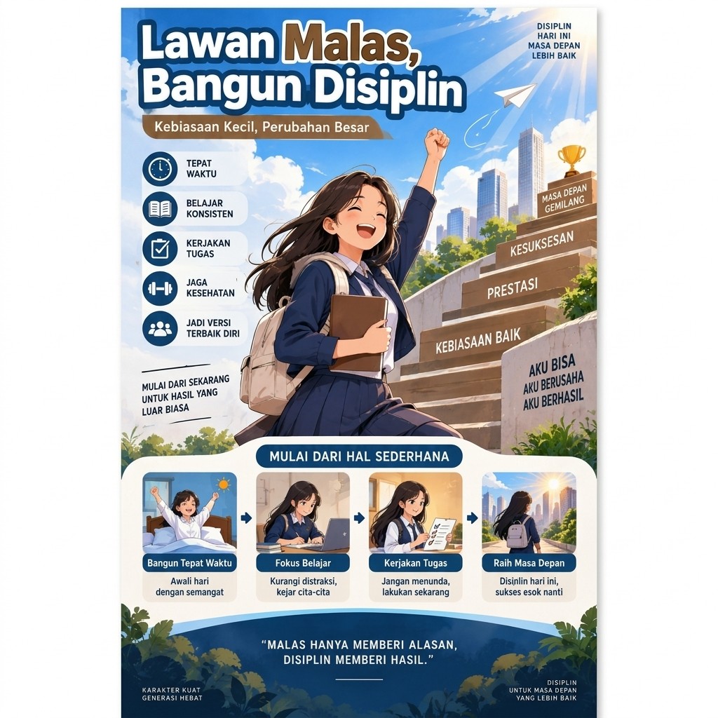 Poster Motivasi Dinding Kata Kata Lawan Malas Bangun Disiplin Pajangan Kantor Minimalis